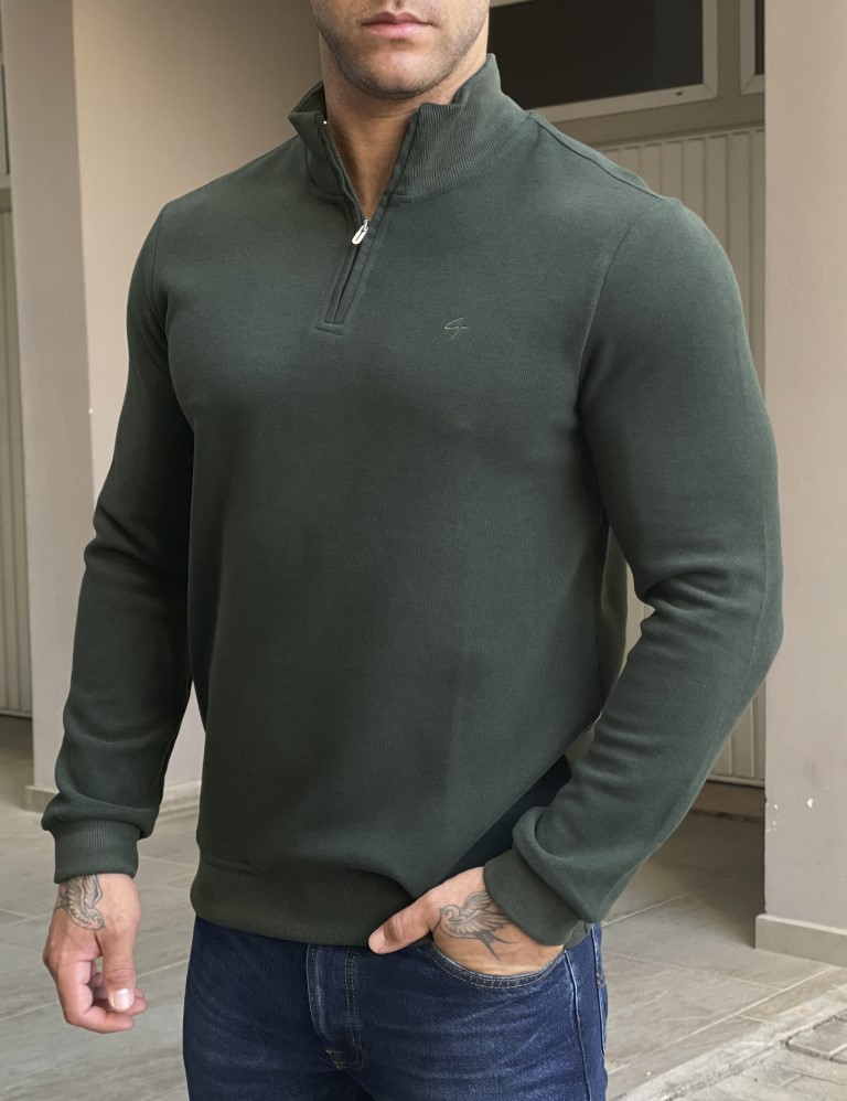 Ανδρικό κυπαρισσί πουλόβερ μονόχρωμο με γιακά 4263K φωτογραφία